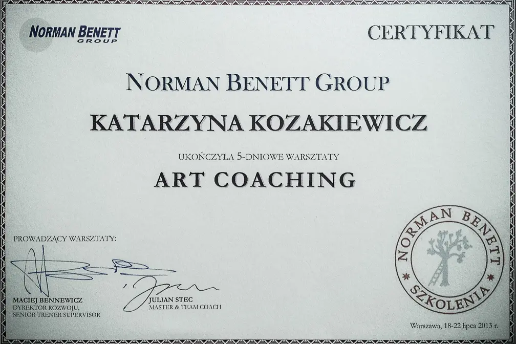Certyfikat ukończenia 5-dniowych warsztatów Art Coaching, Norman Benett Group, Warszawa 2013